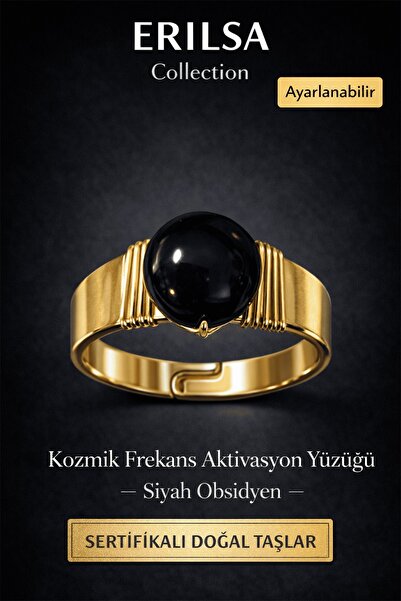 Tesbih Atölyesi Certified Black Obsidian Natural Stone Ring – Cosmic Frequenc...