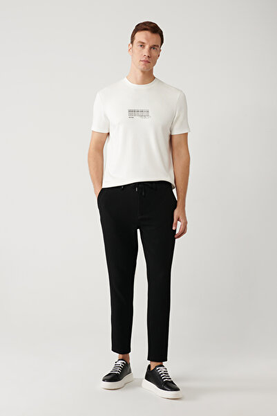 Avva Men's Black Elastic Waist and Lace-Up Bi-Stretch Relaxed Fit Pants A41Y3232