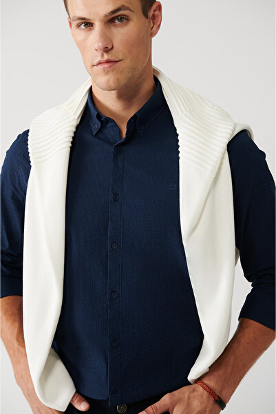 Avva Ανδρικό πουκάμισο Navy Blue ριγέ βαμβακερό εύκολο σιδέρωμα A32y2098