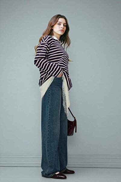 DeFacto بنطلون جينز واسع الساق بخصر مرتفع 100% قطن سترايت وايد مغسول بالثلج F...