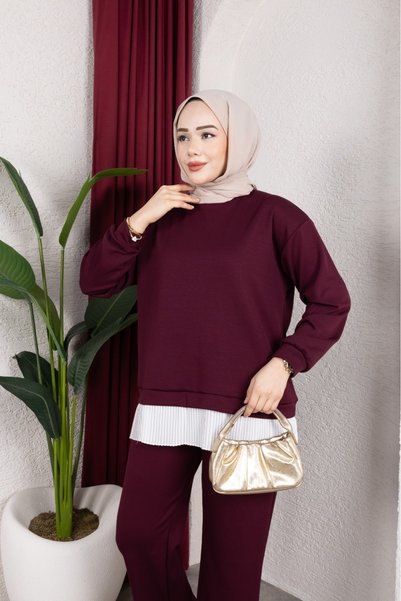 ECK MODA Țesătură modală pentru femei, din lycra complet elastică, cu detaliu garni în față, set de pantaloni și bluză cu buzunare