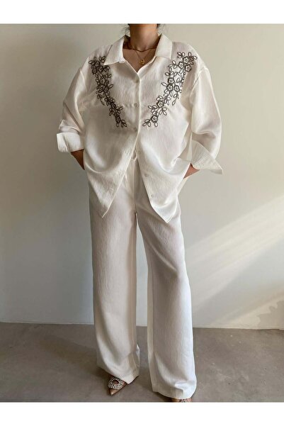 Bade Butik Set cu broderie de mărgele florale ecru