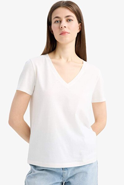 DeFacto Tricou cu mânecă scurtă, cu decolteu în V, croială normală, simplu, b...