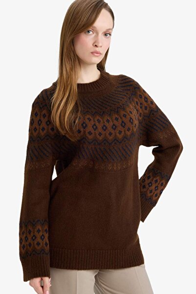 DeFacto Regular Fit Bisiklet Yaka Desenli Triko Kazak Tunik G5887AX25WN