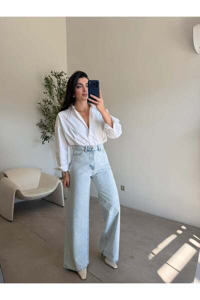 Bade Butik آيس بلو مرصّع بالأحجار بنطلون جينز بالازو