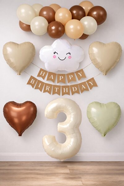 Patladı Gitti 3 Yaş Retro Doğum Günü Seti; Krem Rakam Folyo, Banner, Kalp Fol...