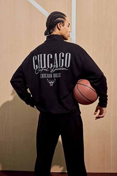 DeFacto NBA Chicago Bulls Oversize Geniş Kalıp Dik Yaka Fermuarlı Sweatshirt ...