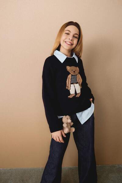 DeFacto Crew Neck Bear Printed Knitwear Sweater for Girls G3068A825Au