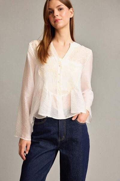 DeFacto V-Neck Buttoned Long Sleeve Blouse G5004Ax25Wn