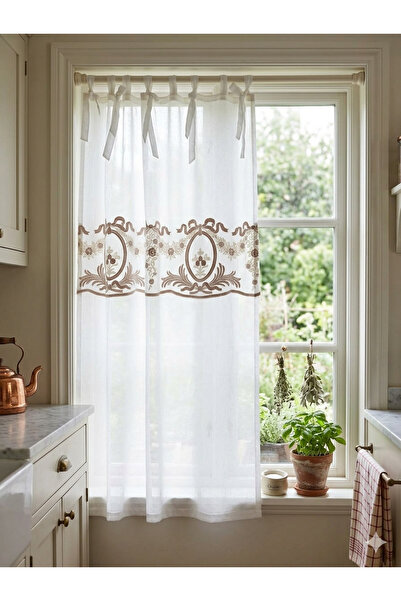 CASA NATURALE Ekru Bej Keten Görünümlü Nakışlı Tül Mutfak Perdesi – Bordürlü ...