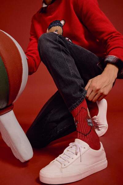 DeFacto Men's New Year Themed Bear Printed 2-Pack Cotton Long Socks G3908Axns