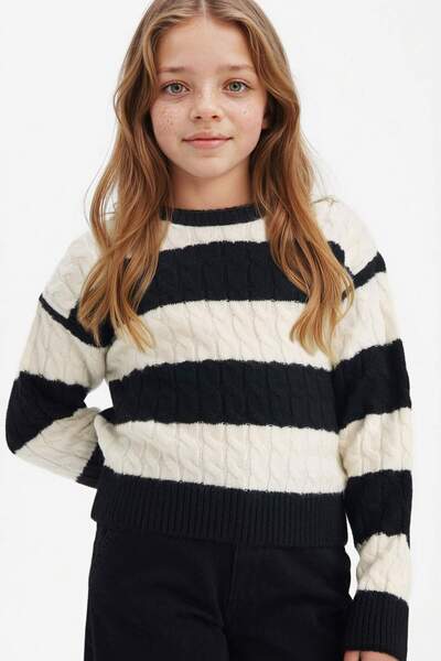 DeFacto Crew Neck Striped Knitwear Sweater for Girls F2749A825Wn