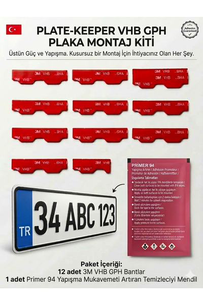 3M Vhb Plaka Yapıştırma Bandı - 12 adet ve 1 adet Primer Mendil İle Birlikte
