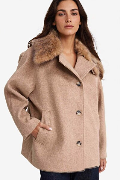 DeFacto Detachable Faux Fur Collar Regular Fit Buttoned Cashmere Coat F1218Ax...