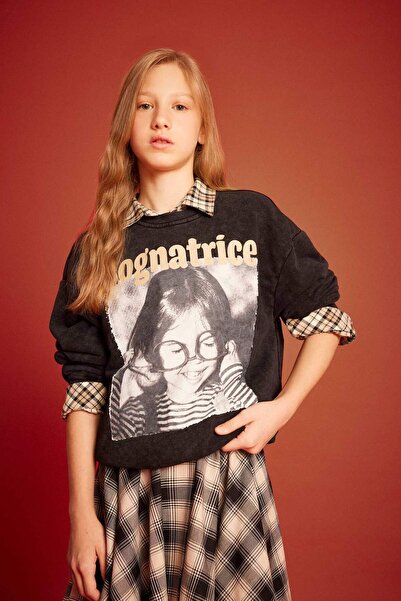 DeFacto Oversize Geniş Kalıp Bisiklet Yaka Baskılı Sweatshirt Kız Çocuk G3270...