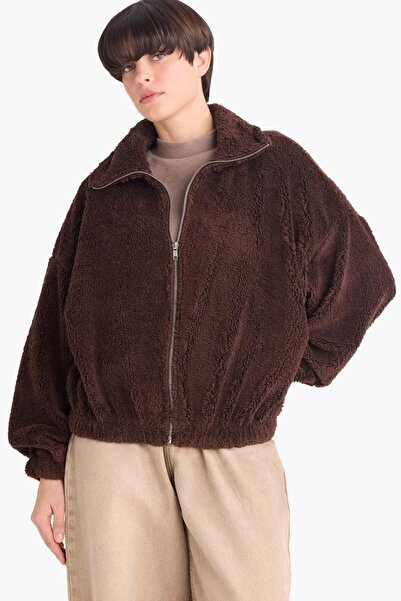 DeFacto Oversized Wide Fit Polo Neck Welsoft Plush Zip Cardigan C8229Ax25Wn