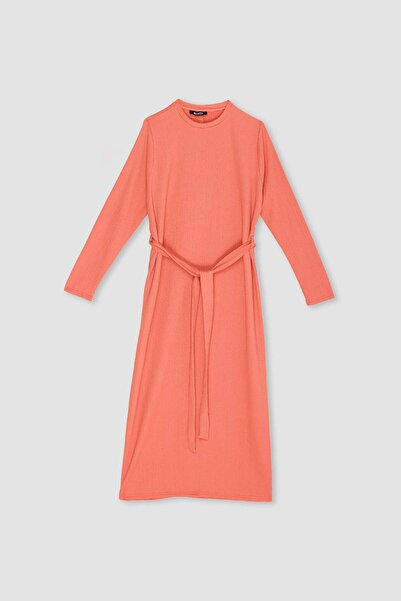 DeFacto Regular Fit Crew Neck Tie-Up Long Sleeve Maxi Dress D9063Ax25Sp