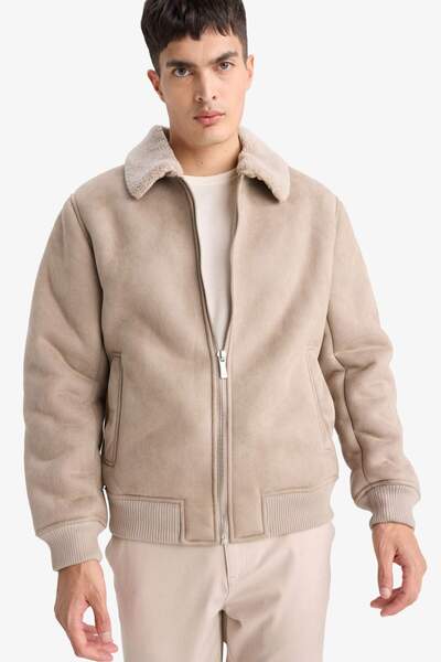 DeFacto Slim Fit Slim Fit Fur Polo Neck Lined Zipper Pocket Suede Coat A3869A...