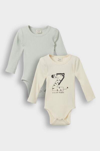 DeFacto Corded Fabric Ribbed Knit 2Pcs Long Sleeve Snap Fastener Bodysuit Bab...