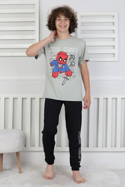 bunny hopp Boys' Summer Short-Sleeved Printed Pajama Set <b>%10</b> 100% Cotton, Ages 8-13