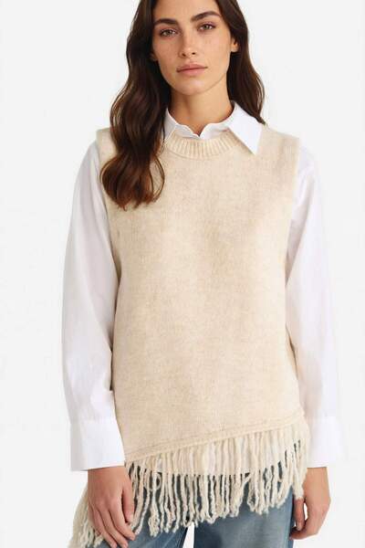 DeFacto Oversize Wide Fit Crew Neck Tassel Sweater G1763Ax25Wn