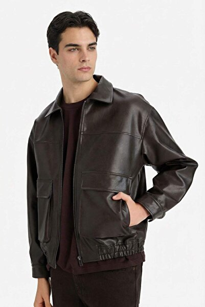 DeFacto Oversized Shirt Collar Zippered Faux Leather Coat E8822Ax25Au