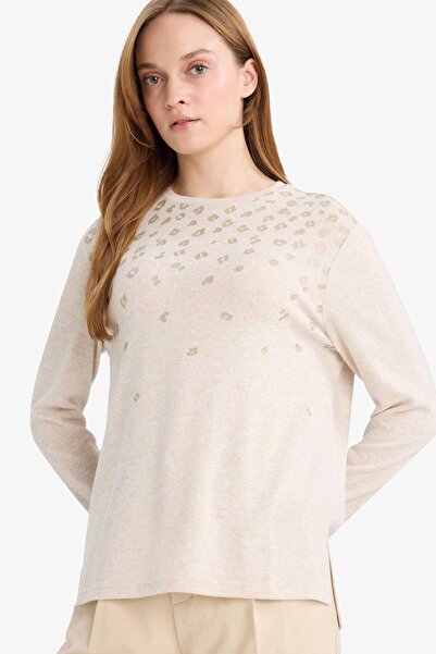 DeFacto Regular Fit Bisiklet Yaka Taş Detaylı Uzun Kollu Tişört E9895AX25AU