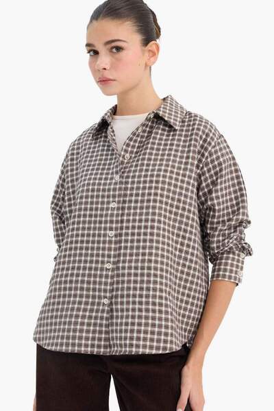 DeFacto Afra x Oversize Geniş Kalıp Pötikareli Poplin Uzun Kollu Gömlek G1092...