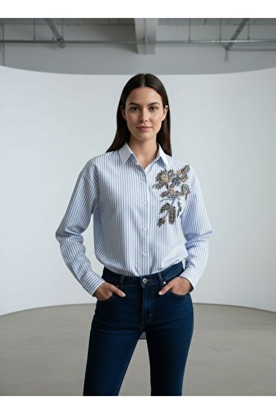 vellum butik KRİSTAL ÇİÇEK TAŞLI POPLİN GÖMLEK