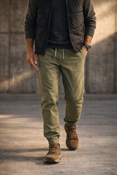 Souris Erkek Açık Haki Jogger Pantolon Rahat Kesim Pamuklu Lastikli Paça İpli