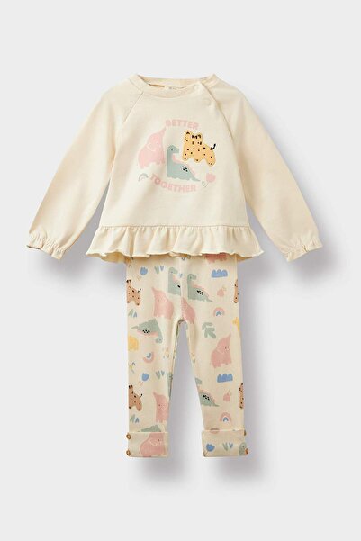 DeFacto مجموعة من قطعتين منقوش سويت شيرت وبنطلون ضيق للفتيات الصغيرات F2185A5...