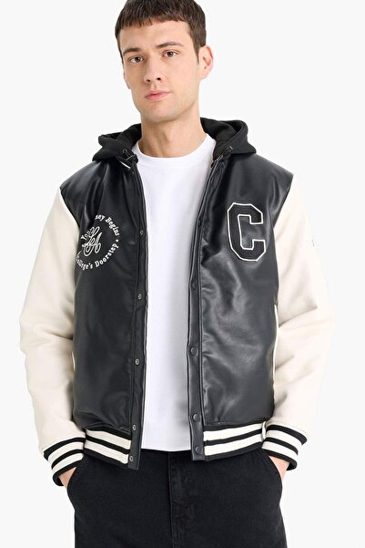 DeFacto Water Repellent Regular Fit Collar K Hooded Faux Leather Bomber Jacke...