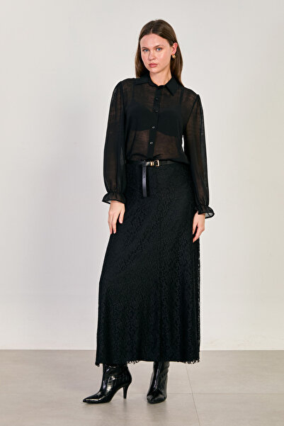 BARRELS AND OIL Fusta lungă de damă, dantelă piese - Negru