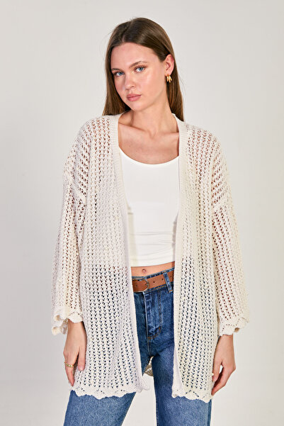 BARRELS AND OIL Γυναικεία Ζακέτα με Πέρλες Μακριά A δαντελωτή πλέξη - Φυσική