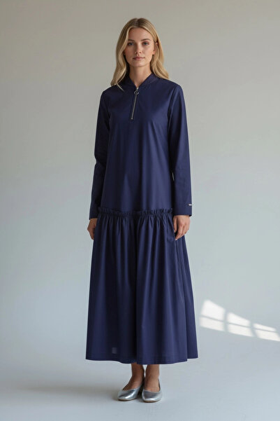 Invee Fermuar Detaylı Pamuk Elbise - Lacivert