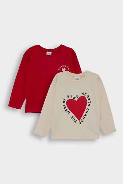 DeFacto Tricou cu mânecă lungă, cu gât rotund, cu model de inimă, pentru feti...