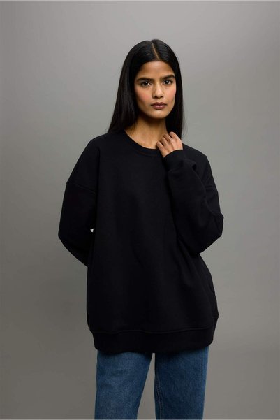 DeFacto Oversize Geniş Kalıp Bisiklet Yaka Basic Düz Kalın Sweatshirt F9628AX25AU
