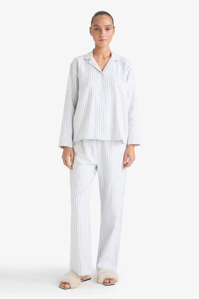 DeFacto Pijama Takımı Regular Fit Flanel Çizgili Uzun Kollu Üst Uzun Alt E725...