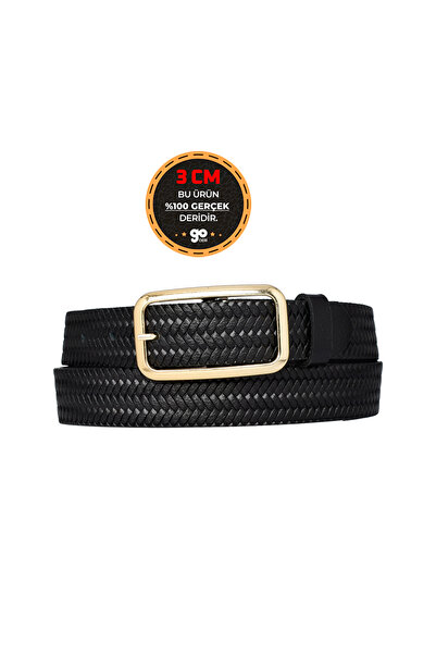 GoDeri %100 Hakiki Deri, Gold Renk Tokalı Siyah 3 cm Desenli Kadın Kemeri, Pa...