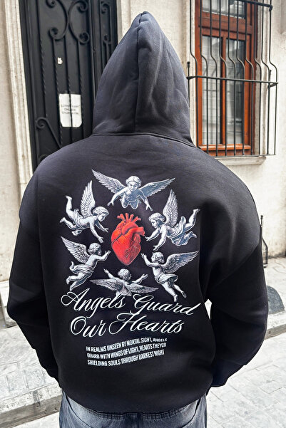 Sekizbiraltı Hanorac negru unisex oversize cu imprimeu Angels Guard Our Hearts