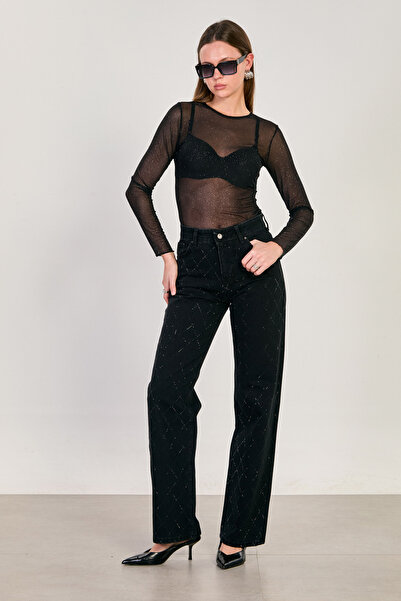 BARRELS AND OIL Ženske J63 Diamond Stone Štampano Palazzo farmerke - crne