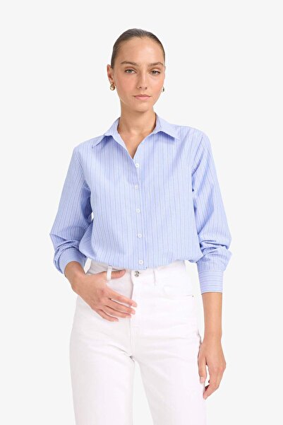 DeFacto Oversize Geniş Kalıp Çizgili Poplin Uzun Kollu Gömlek G0026AX25AU