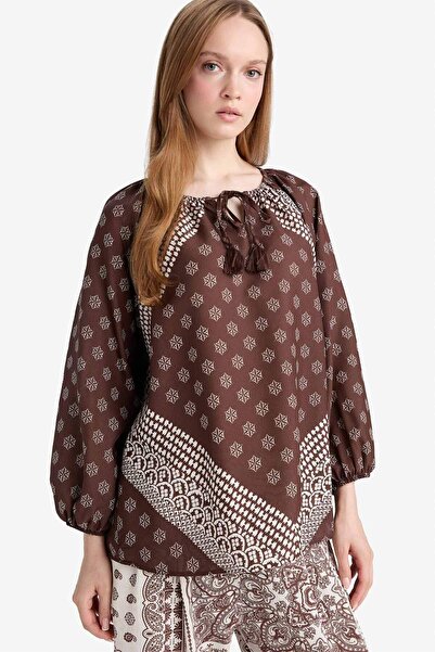 DeFacto Relax Fit Bisiklet Yaka Bağlamalı Desenli Uzun Kollu Bluz F9255AX25AU