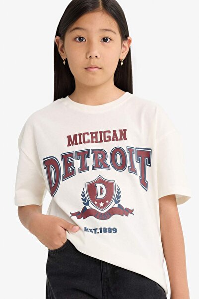 DeFacto Oversize Wide Fit Crew Neck Printed Short Sleeve T-Shirt Girl Child C...