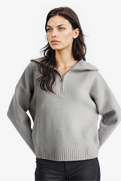 DeFacto Übergroßer, lockerer Strickpullover mit halbem Reißverschluss und Ste...