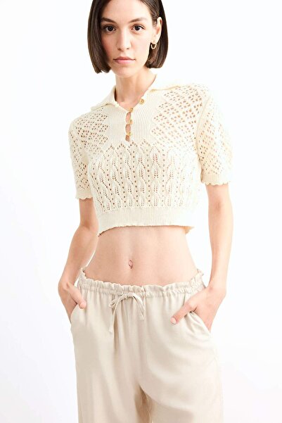 DeFacto Polo Neck Crochet Short Sleeve Knitwear Blouse F9985Ax25Sm