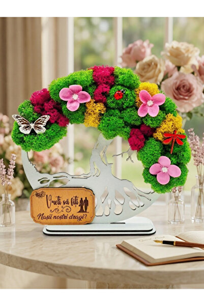 OEM Cadou Copacul Vietii, cu licheni stabilizati, din lemn alb, „Nasii nostri...