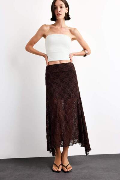 DeFacto Beli Lastikli Yarım Astar Dantel Bilek Boy Etek F8041AX25SM