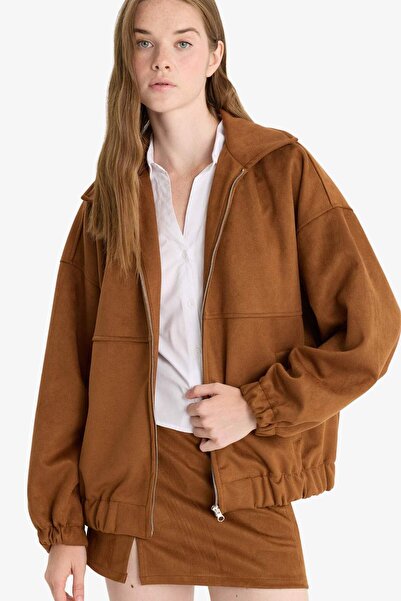 DeFacto Μπουφάν Suede Bomber με φερμουάρ F7759AX25AU