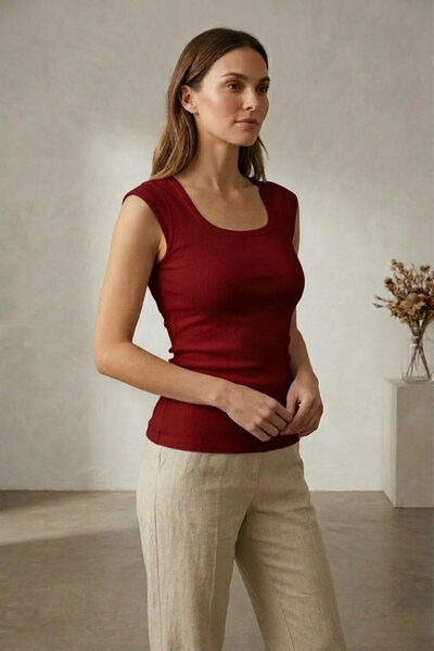 Şiir Leon U Neck Moon Sleeves Slim Fit Stretchy Basic Camisole Γυναικείο μπλο...